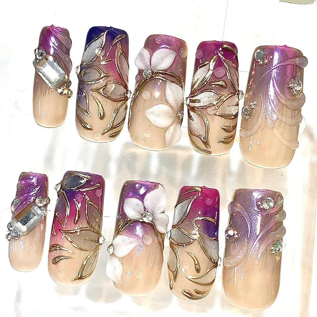 Handmade Press-On Nails, Purple Floral Gold, Crystal Gem, Elegant Square Set