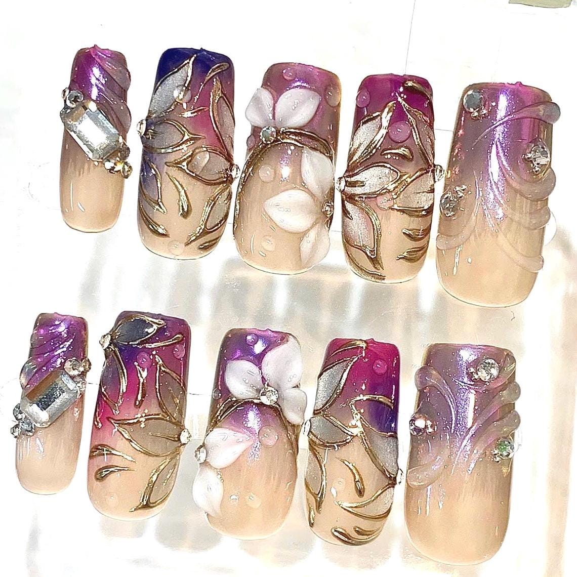 Handmade Press-On Nails, Purple Floral Gold, Crystal Gem, Elegant Square Set