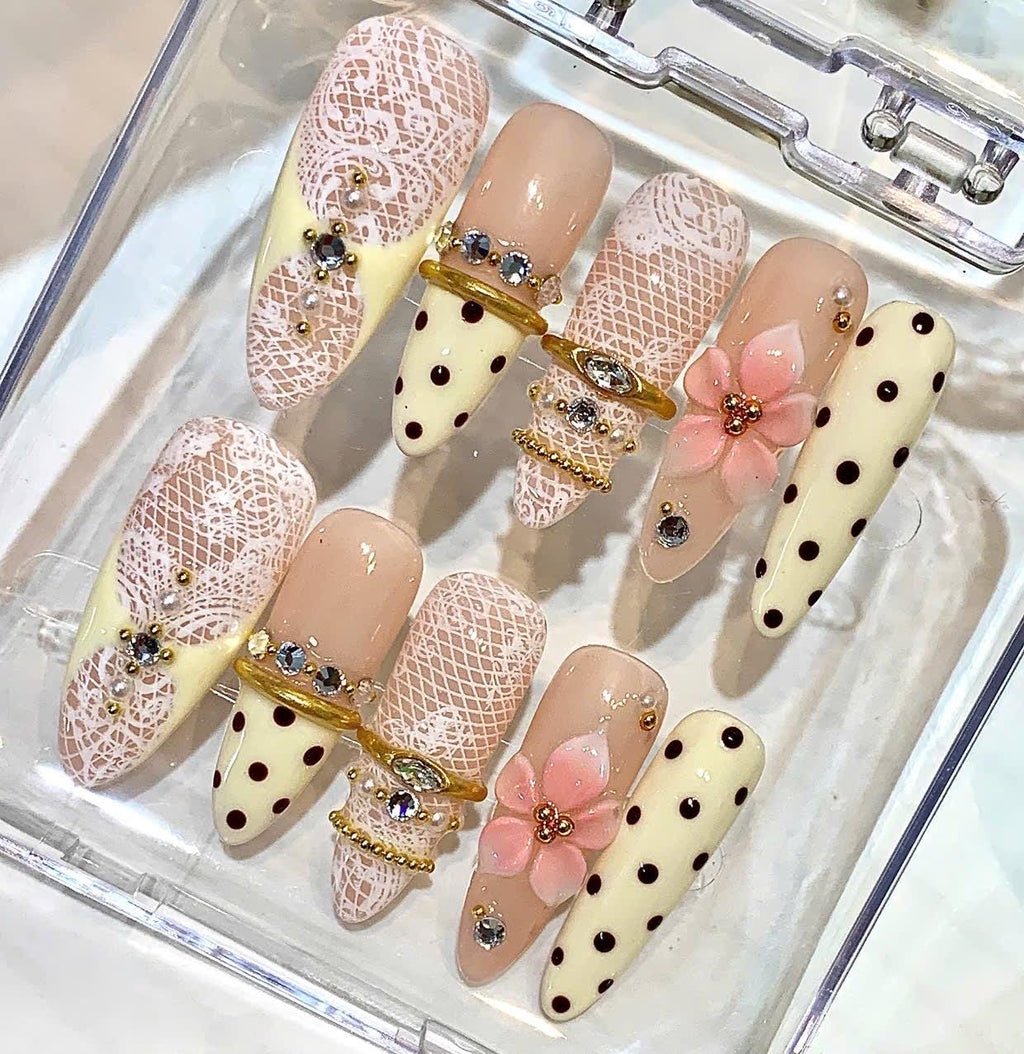 Pink Lace Press-On Nails, 3D Floral, Polka Dot, Rhinestone Gold Set