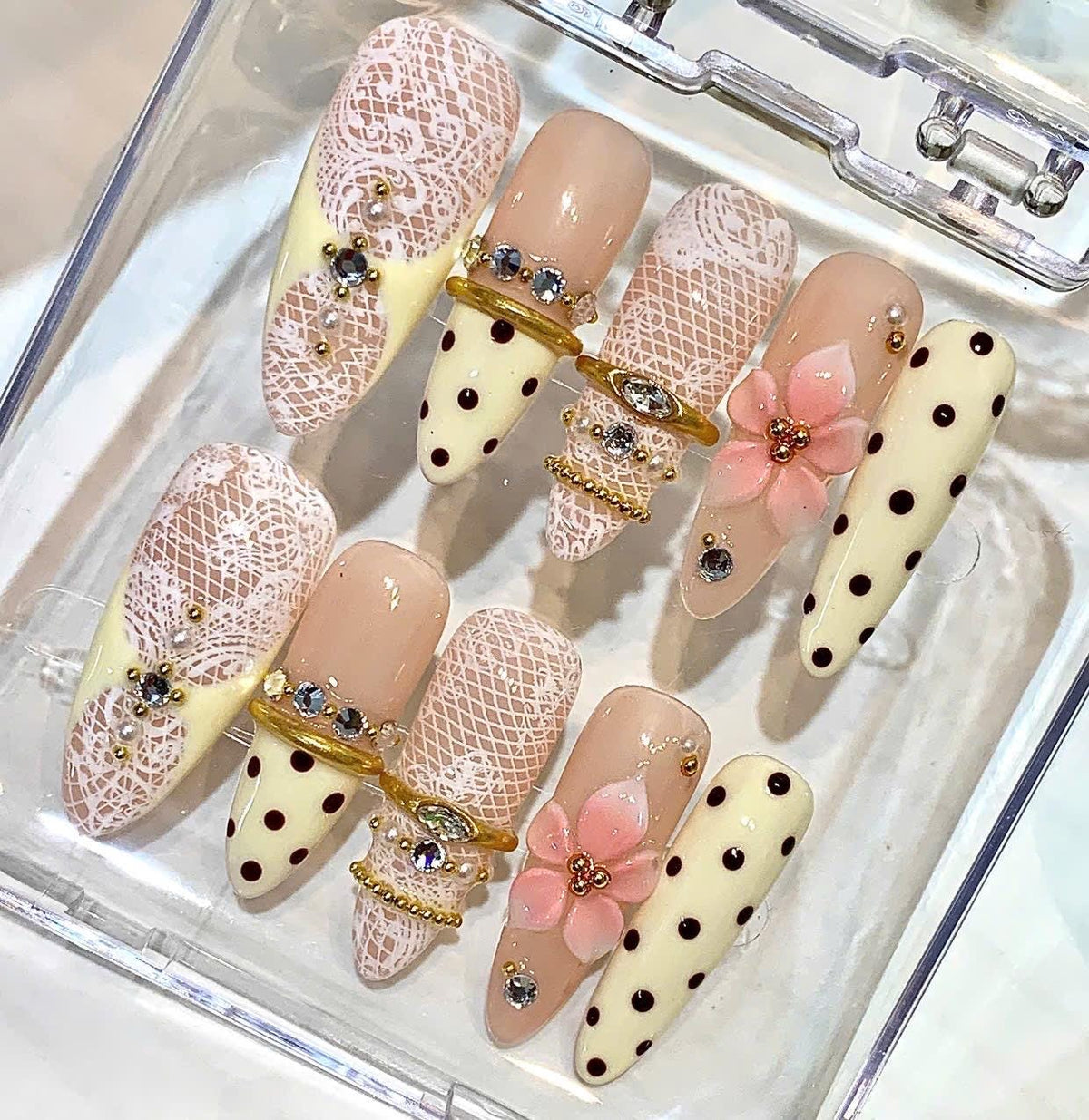 Pink Lace Press-On Nails, 3D Floral, Polka Dot, Rhinestone Gold Set