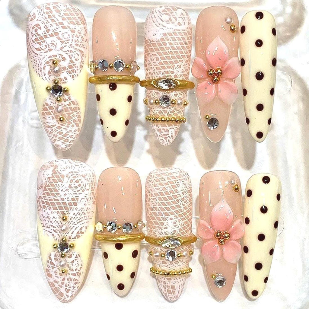 Pink Lace Press-On Nails, 3D Floral, Polka Dot, Rhinestone Gold Set