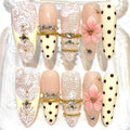 Pink Lace Press-On Nails, 3D Floral, Polka Dot, Rhinestone Gold Set