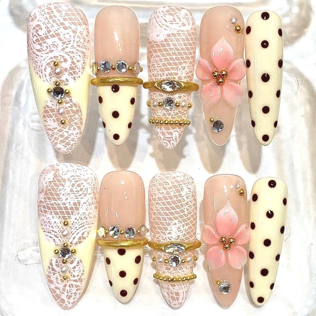 Pink Lace Press-On Nails, 3D Floral, Polka Dot, Rhinestone Gold Set