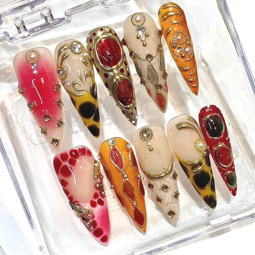 Red Orange Press-On Nails, Gold Gemstone, Abstract Ombre, Luxury Rhinestone Stiletto Set