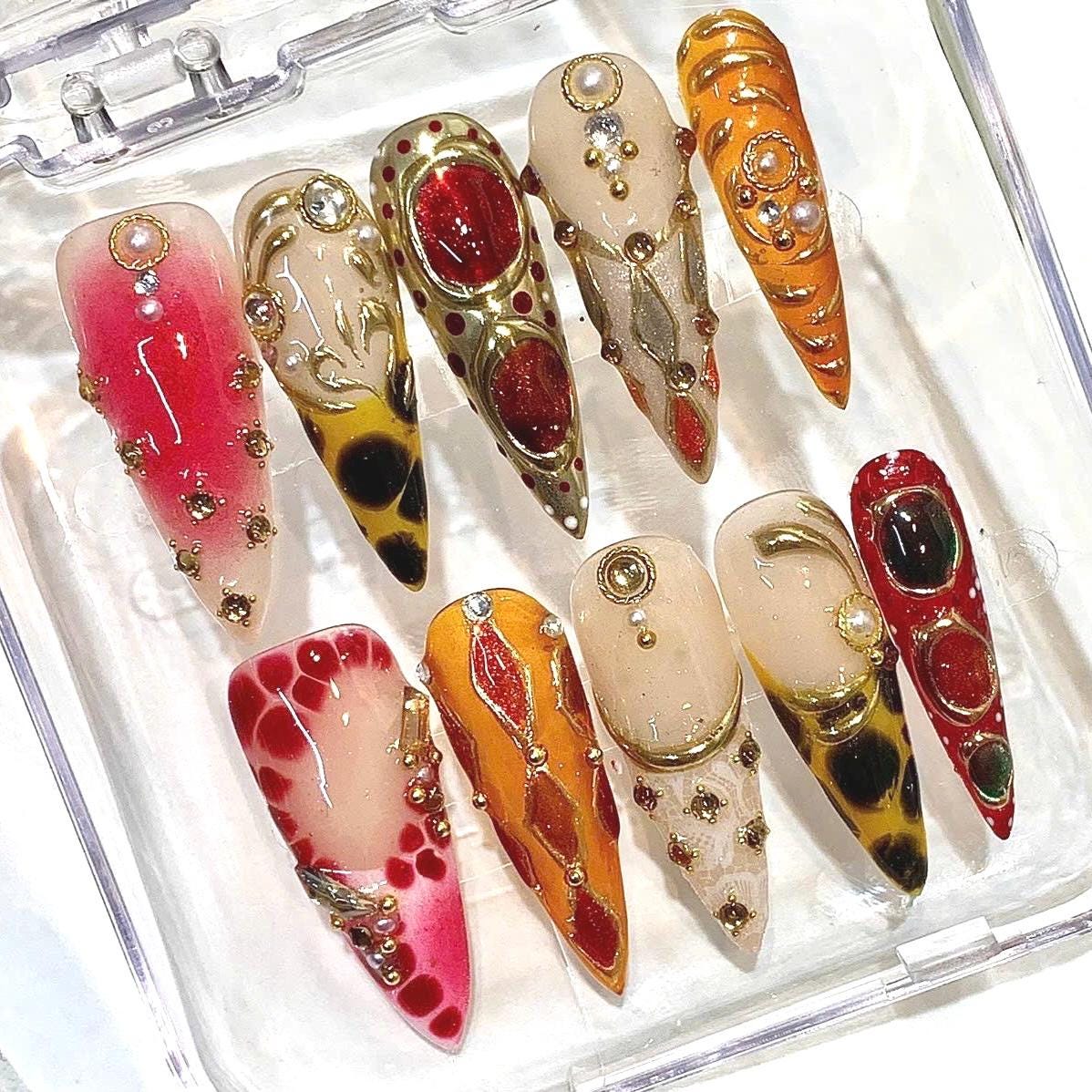 Red Orange Press-On Nails, Gold Gemstone, Abstract Ombre, Luxury Rhinestone Stiletto Set