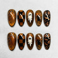 Fall Plaid & Cute Ghost Press On Nails | Creepy October Vibes | Dark Grunge Almond Nails | Spider Leaf Art Nail | Handpainted Copper Nail