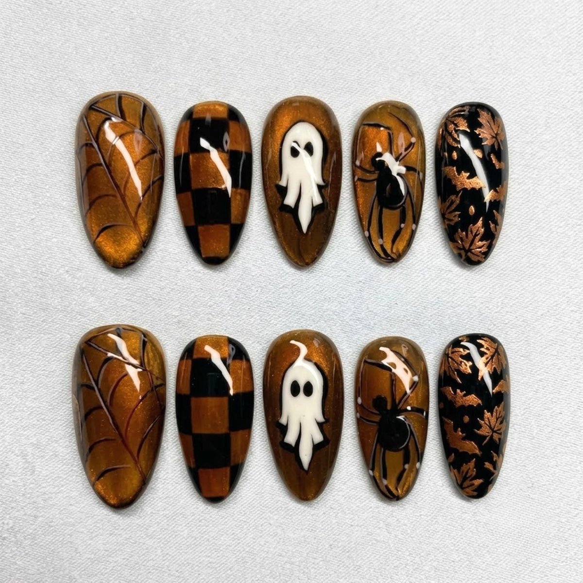 Fall Plaid & Cute Ghost Press On Nails | Creepy October Vibes | Dark Grunge Almond Nails | Spider Leaf Art Nail | Handpainted Copper Nail