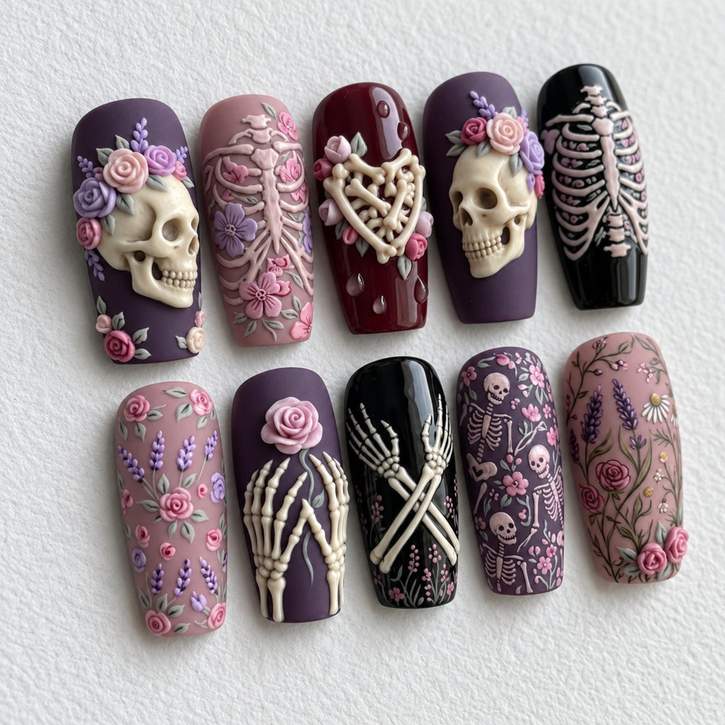 Gothic Floral Skull Press On Nails | 3D Skeleton Rose Nail Art | Purple Pink Spooky Elegant Fake Nails