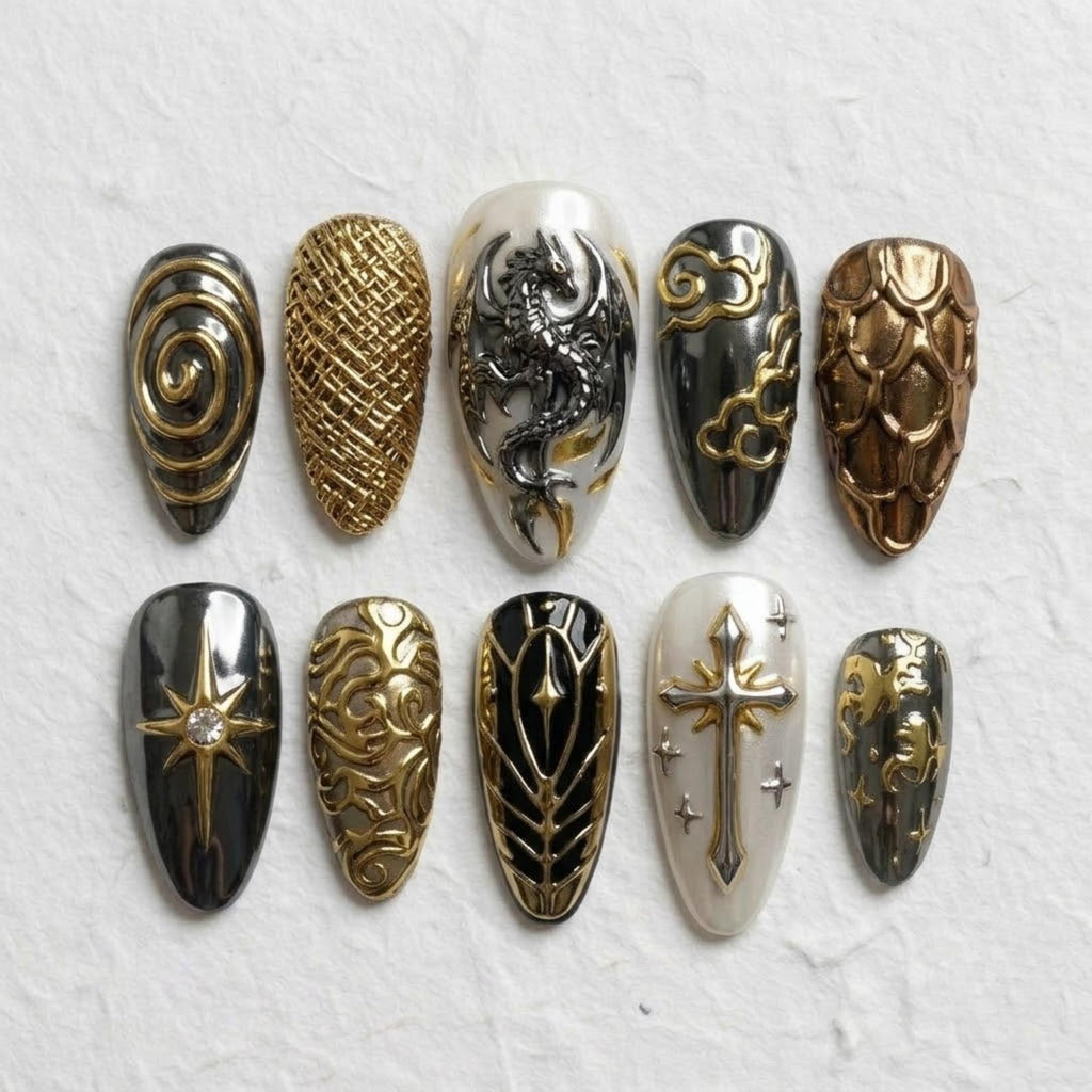 Metallic Dragon Press On Nails | Royal Knight Inspiration | Gothic Almond Nail | 3D Dragon Scales Nail | Chrome Sculpted Art Nail
