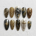 Metallic Dragon Press On Nails | Royal Knight Inspiration | Gothic Almond Nail | 3D Dragon Scales Nail | Chrome Sculpted Art Nail
