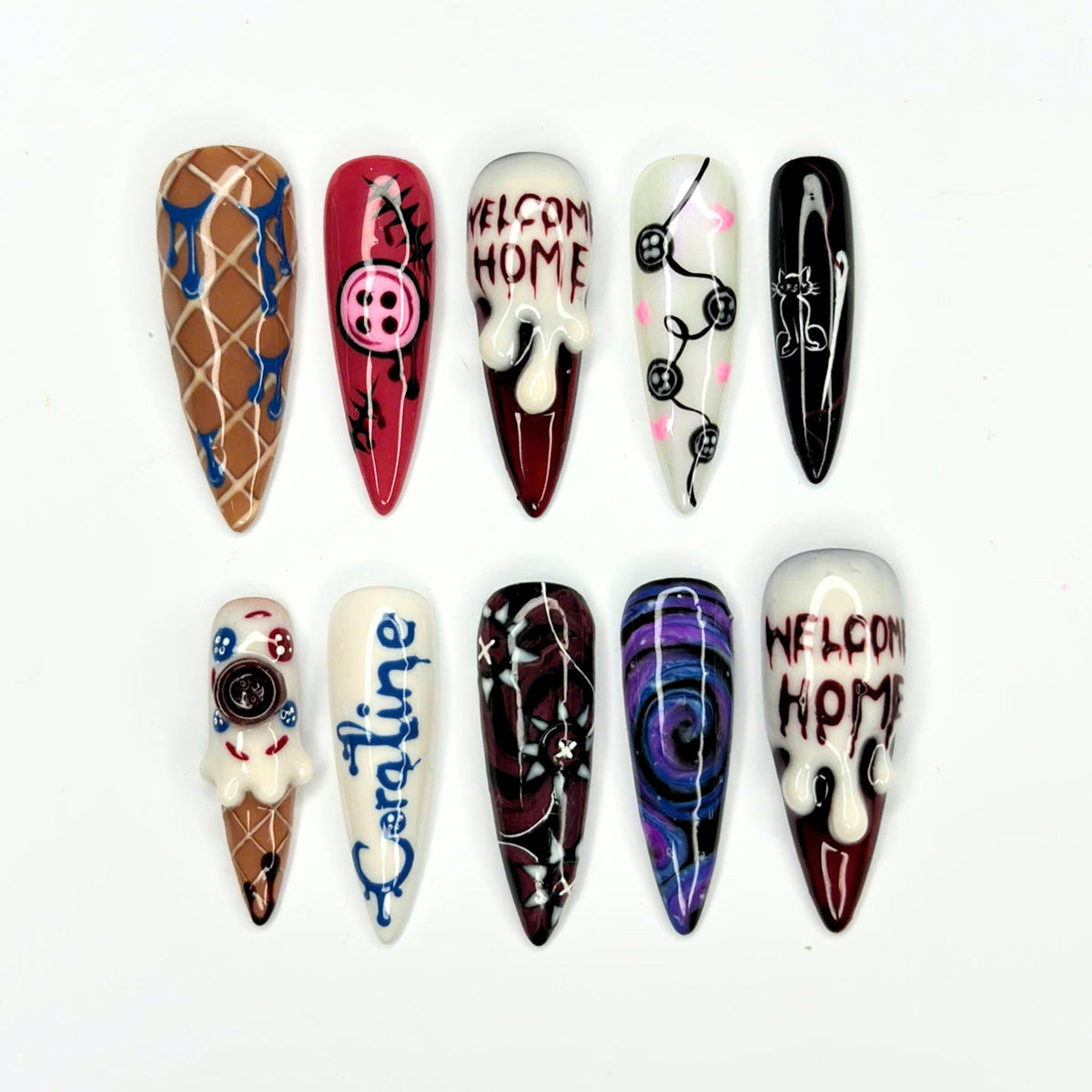 Creepy Cute Press On Nails with Button Eye Art | Dark Fantasy 3D Design | Spooky Halloween Statement Nails | JB536UC