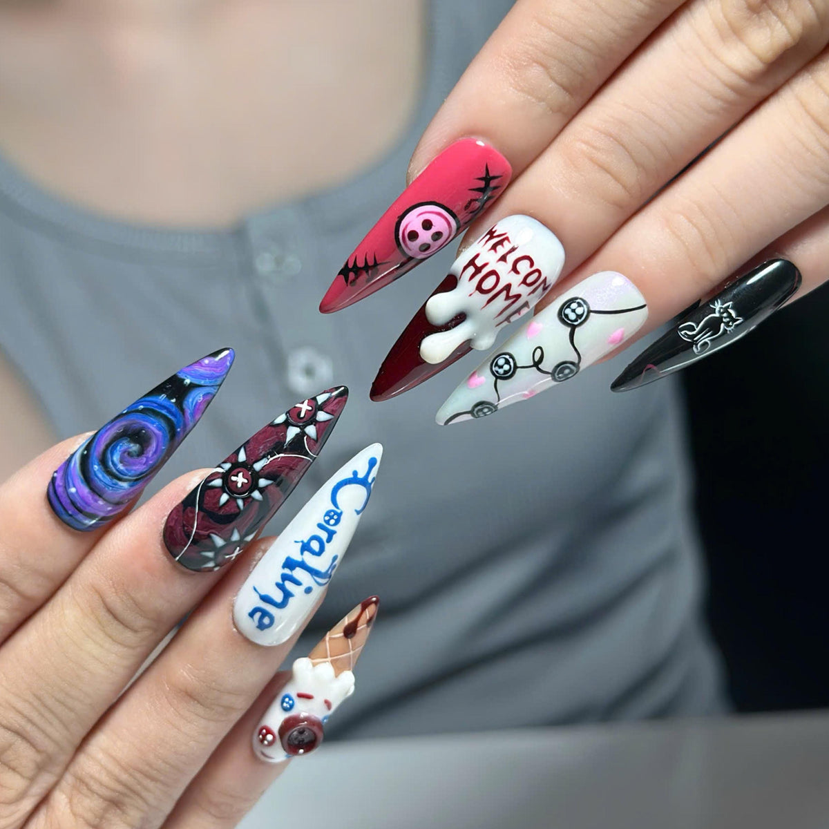 Creepy Cute Press On Nails with Button Eye Art | Dark Fantasy 3D Design | Spooky Halloween Statement Nails | JB536UC