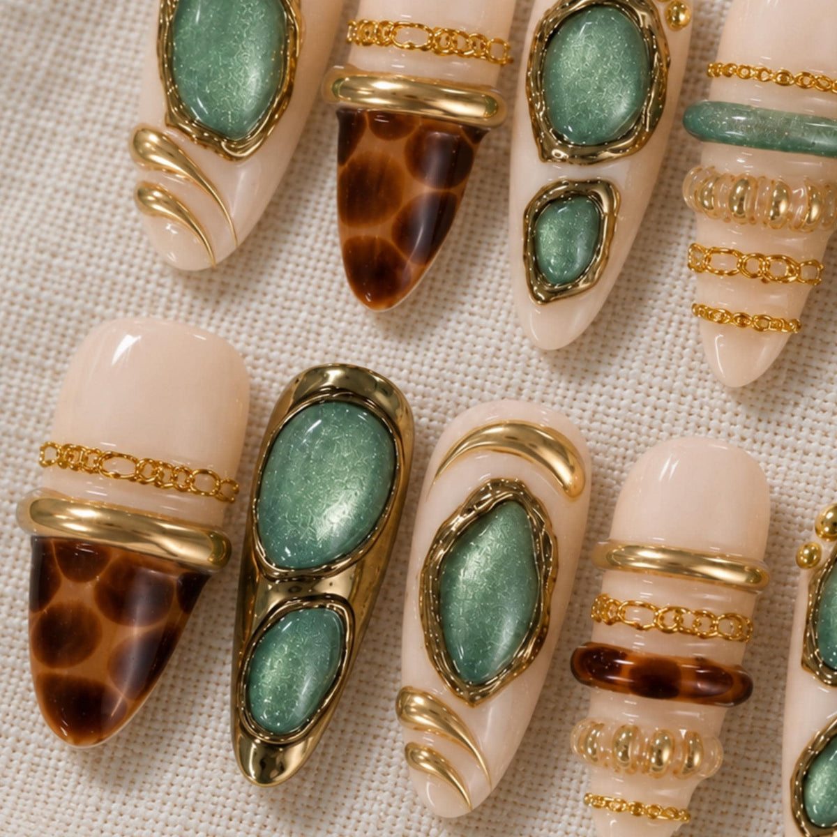 Autumn Tortoise Shell Press On Nails, Green Cat Eye Nails, Luxury Gold Chrome Set