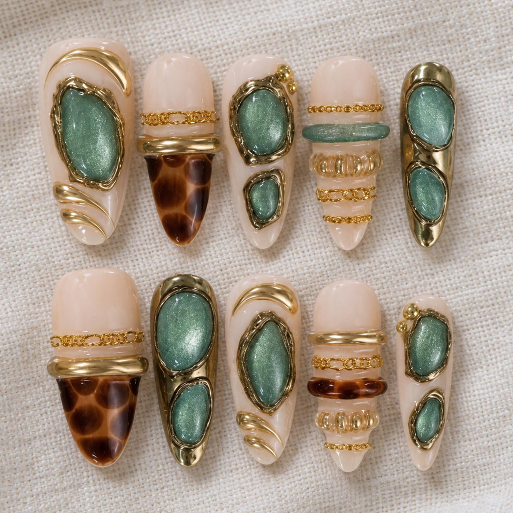 Autumn Tortoise Shell Press On Nails, Green Cat Eye Nails, Luxury Gold Chrome Set
