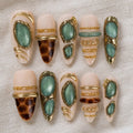 Autumn Tortoise Shell Press On Nails, Green Cat Eye Nails, Luxury Gold Chrome Set