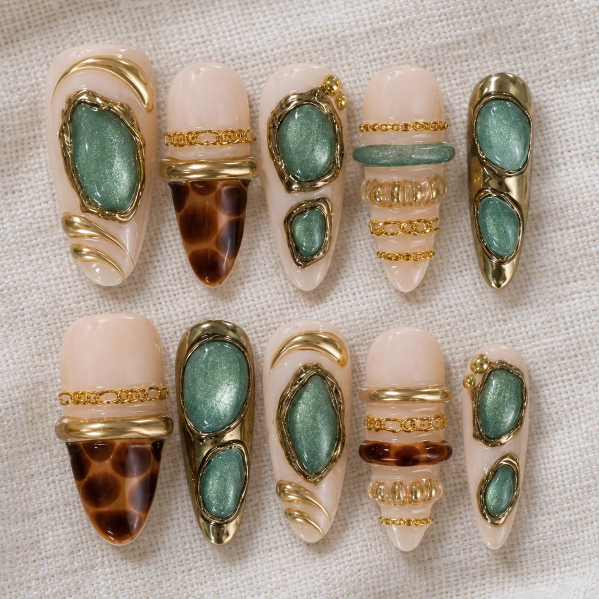 Autumn Tortoise Shell Press On Nails, Green Cat Eye Nails, Luxury Gold Chrome Set