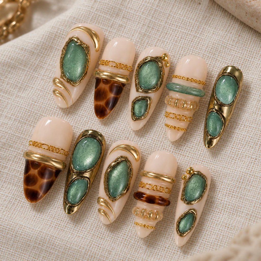 Autumn Tortoise Shell Press On Nails, Green Cat Eye Nails, Luxury Gold Chrome Set