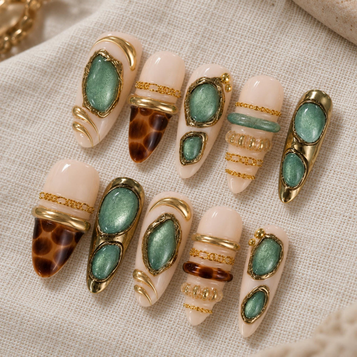Autumn Tortoise Shell Press On Nails, Green Cat Eye Nails, Luxury Gold Chrome Set