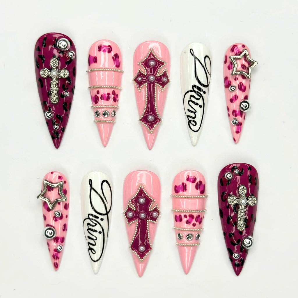 Pink Y2K Press On Nails with Rhinestone Cross | Leopard Print Bling Nails | Girly Maximalist Stiletto Nails | JB664UI