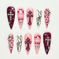Pink Y2K Press On Nails with Rhinestone Cross | Leopard Print Bling Nails | Girly Maximalist Stiletto Nails | JB664UI