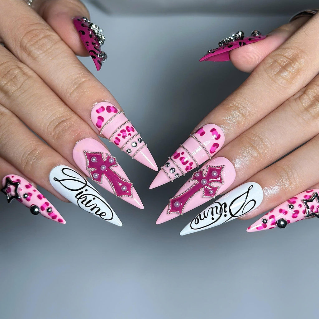 Pink Y2K Press On Nails with Rhinestone Cross | Leopard Print Bling Nails | Girly Maximalist Stiletto Nails | JB664UI