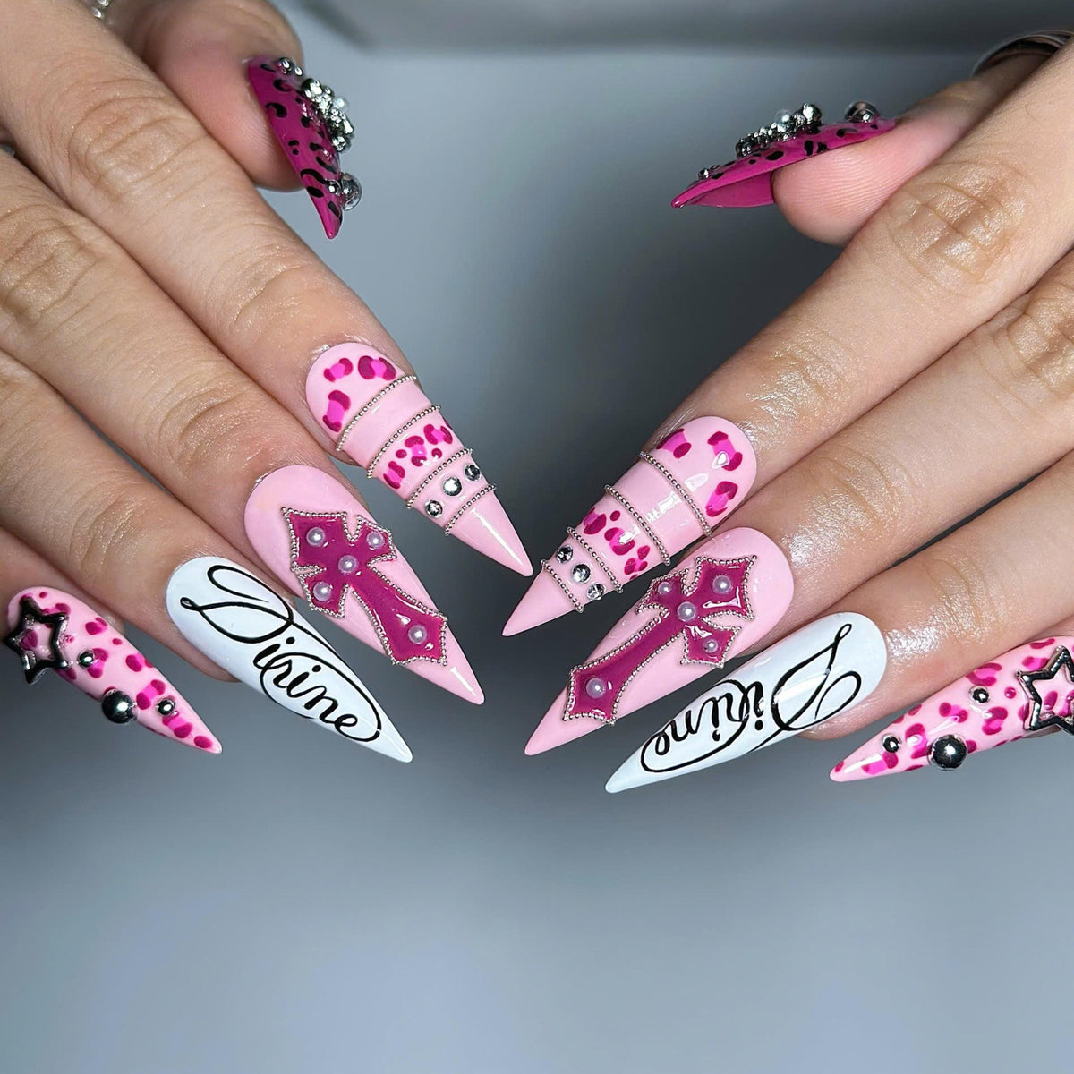 Pink Y2K Press On Nails with Rhinestone Cross | Leopard Print Bling Nails | Girly Maximalist Stiletto Nails | JB664UI