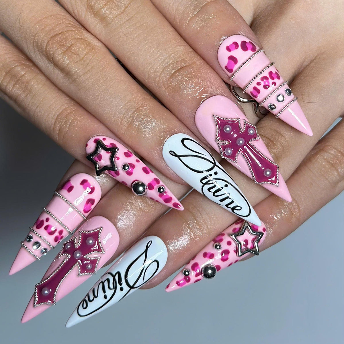 Pink Y2K Press On Nails with Rhinestone Cross | Leopard Print Bling Nails | Girly Maximalist Stiletto Nails | JB664UI