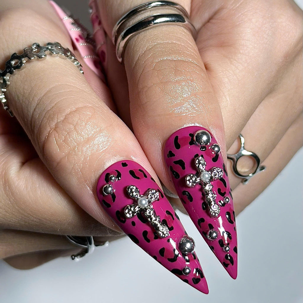 Pink Y2K Press On Nails with Rhinestone Cross | Leopard Print Bling Nails | Girly Maximalist Stiletto Nails | JB664UI