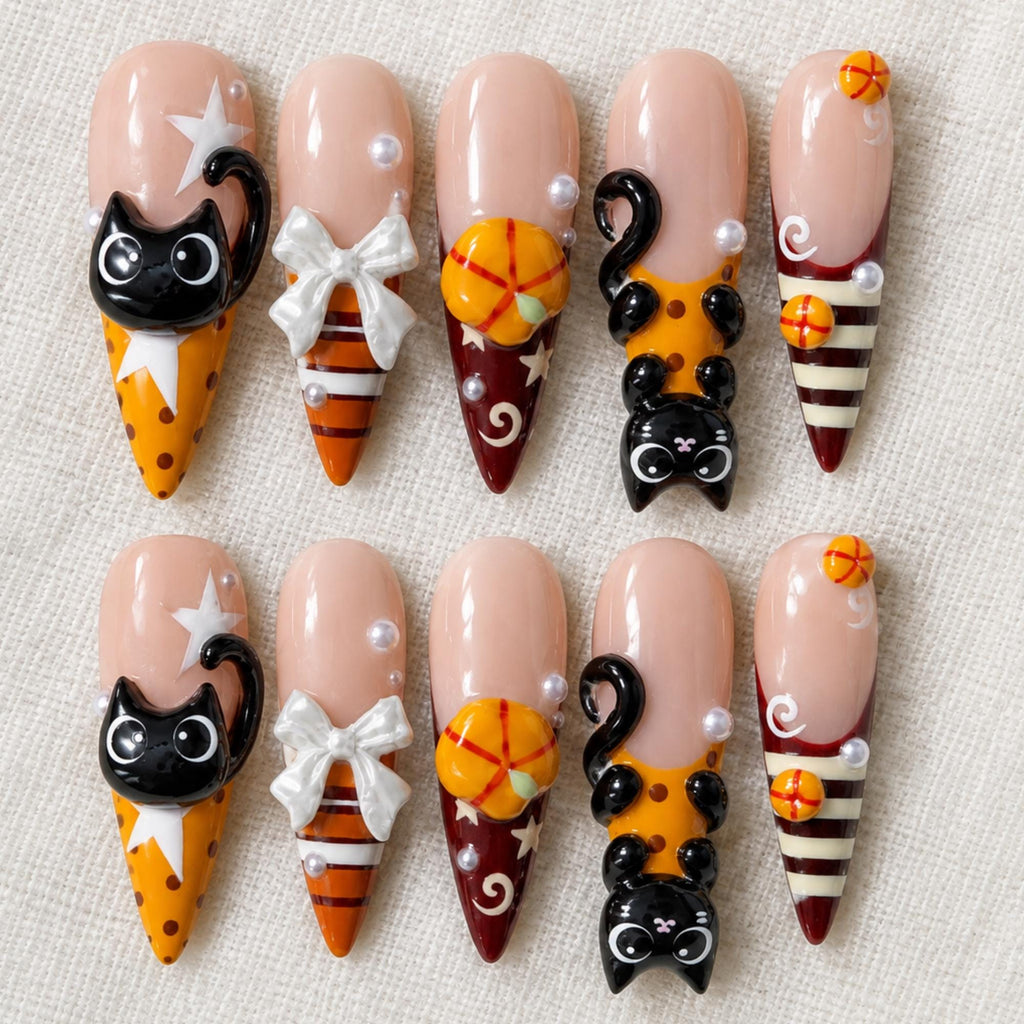 3D Halloween Press On Nails, Black Cat Pumpkin Nail Set, Black Orange Handmade Nails