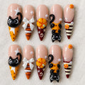 3D Halloween Press On Nails, Black Cat Pumpkin Nail Set, Black Orange Handmade Nails