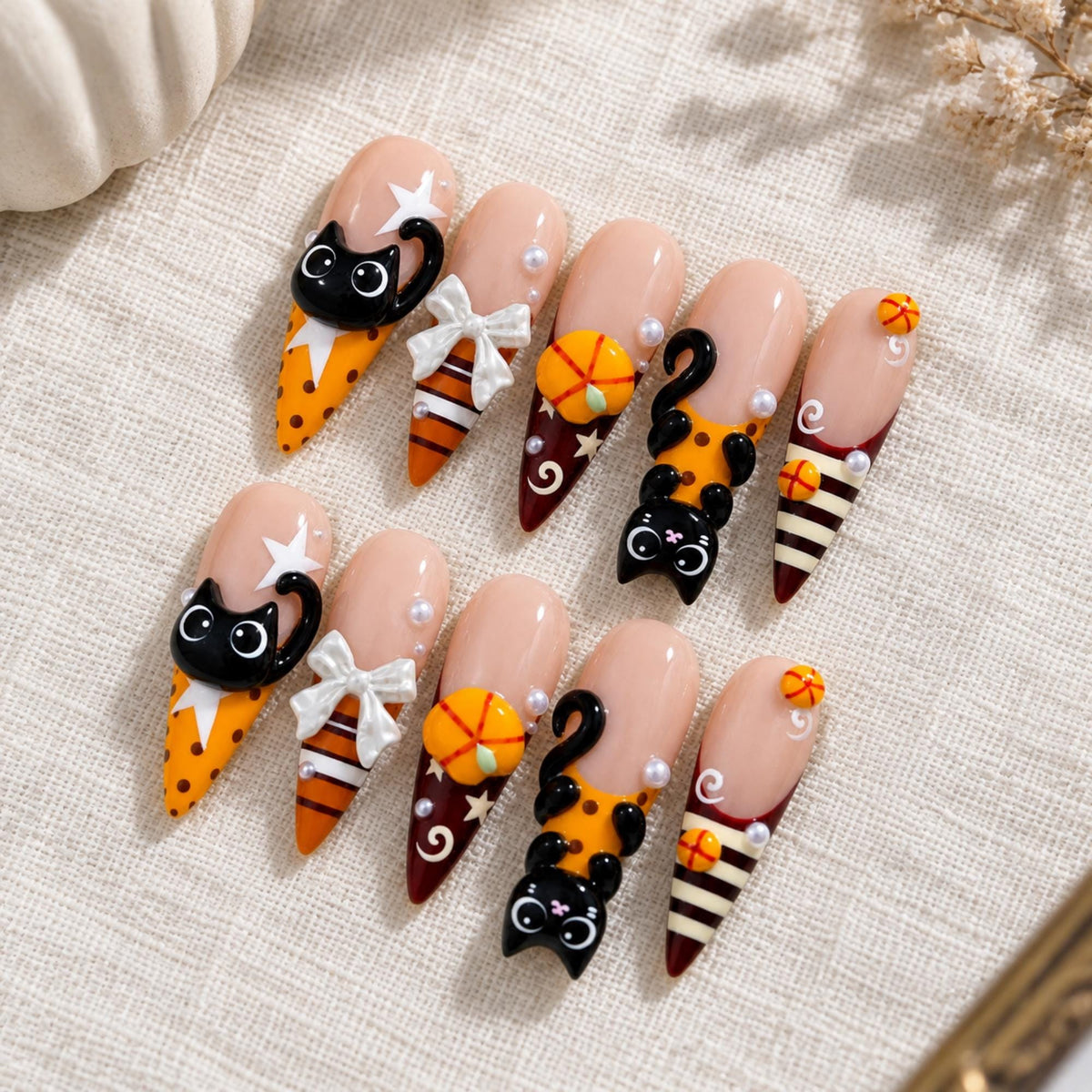 3D Halloween Press On Nails, Black Cat Pumpkin Nail Set, Black Orange Handmade Nails