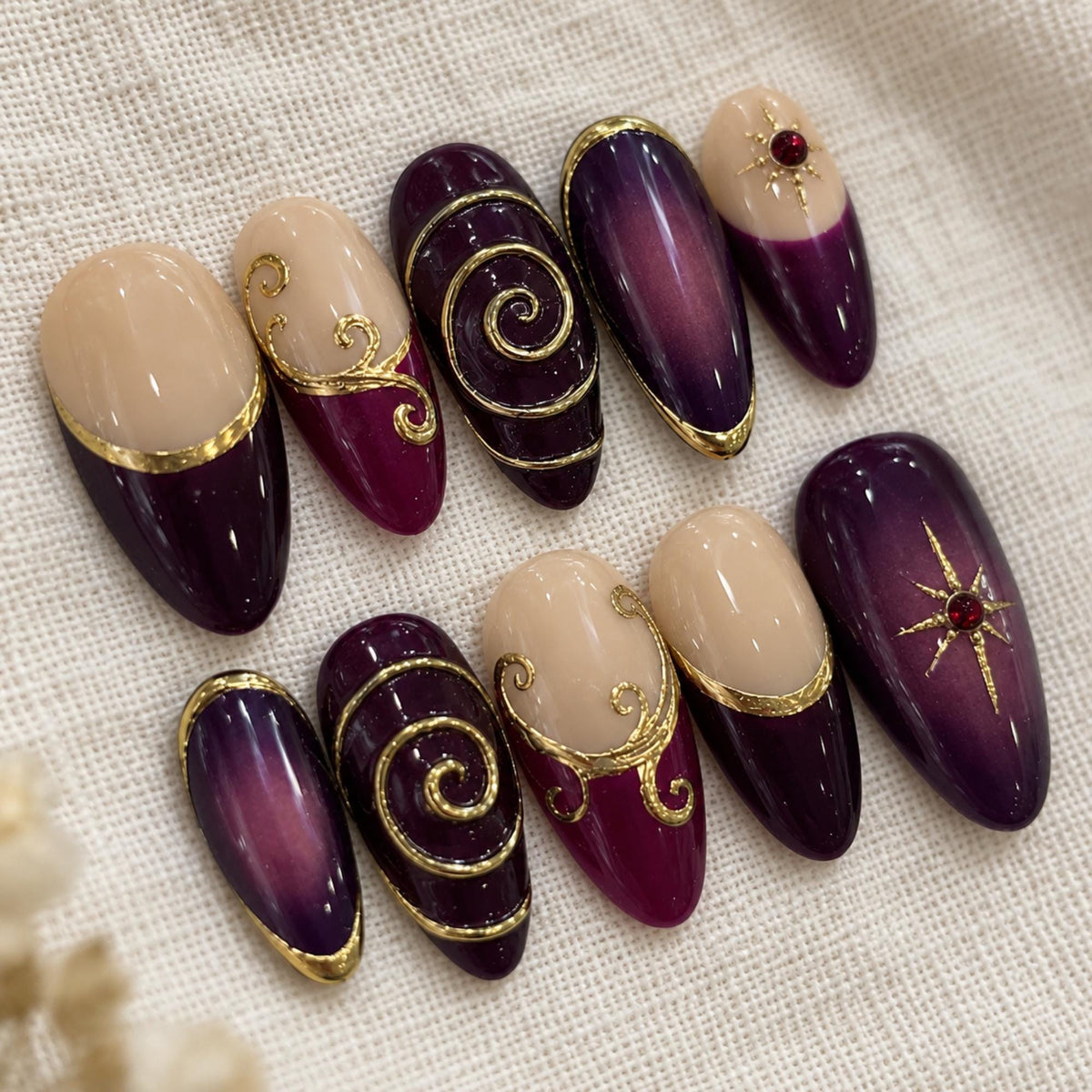 Purple Whimsigoth Press On Nails, Handmade Witchy Elegant Nails, Gold Swirl Gothic Ombre Nails, Almond Reusable Set