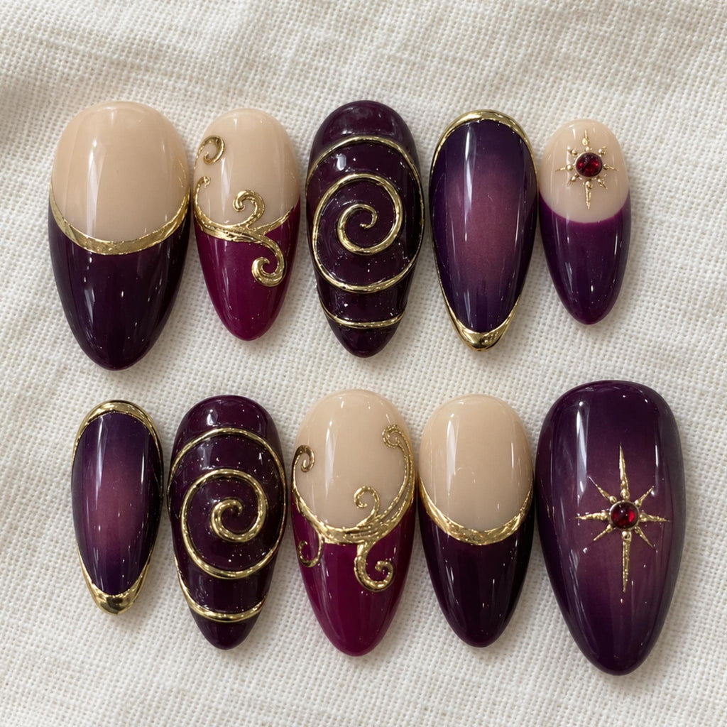 Purple Whimsigoth Press On Nails, Handmade Witchy Elegant Nails, Gold Swirl Gothic Ombre Nails, Almond Reusable Set
