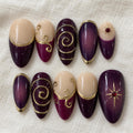 Purple Whimsigoth Press On Nails, Handmade Witchy Elegant Nails, Gold Swirl Gothic Ombre Nails, Almond Reusable Set