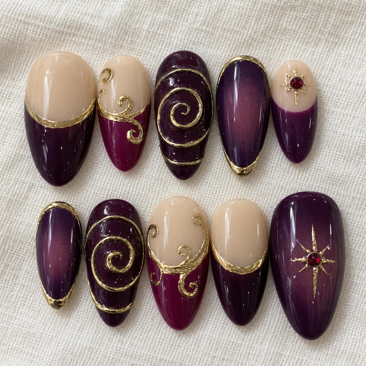 Purple Whimsigoth Press On Nails, Handmade Witchy Elegant Nails, Gold Swirl Gothic Ombre Nails, Almond Reusable Set