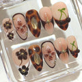 Tortoiseshell Flower Press On Nails: 3D Floral Nail Art with Gold Charms