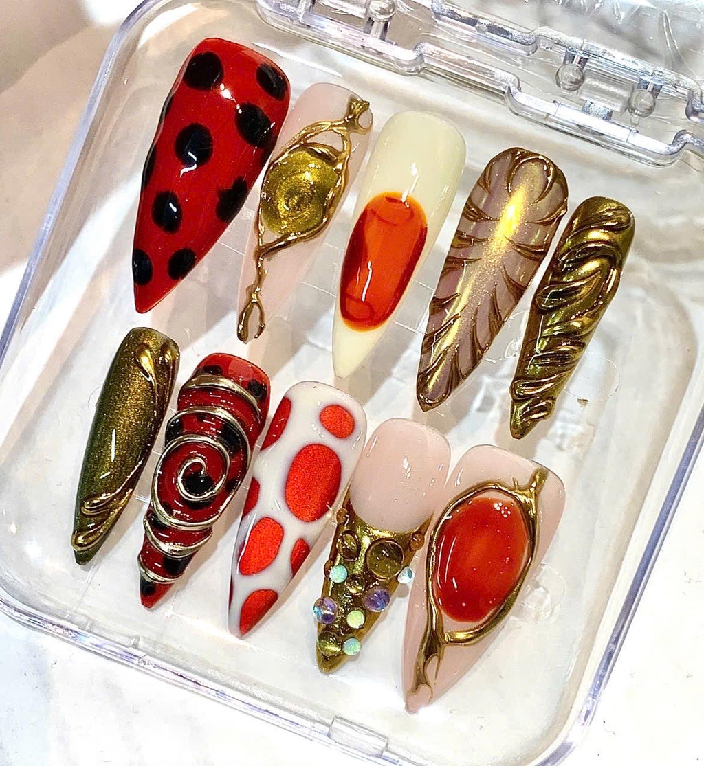 Red Gold Press-On Nails, Abstract Chrome, Polka Dot, Gemstone Art Set