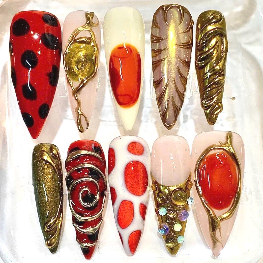 Red Gold Press-On Nails, Abstract Chrome, Polka Dot, Gemstone Art Set
