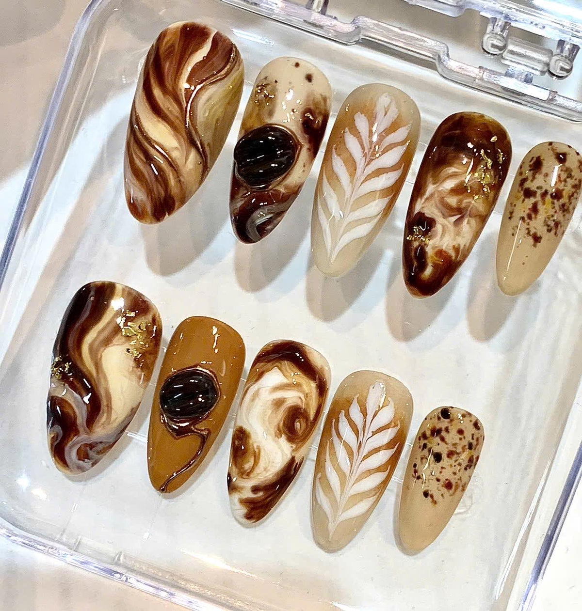 Mocha Brown Press-On Nails, Caramel Marble, Botanical Gold Foil (Reusable Set)