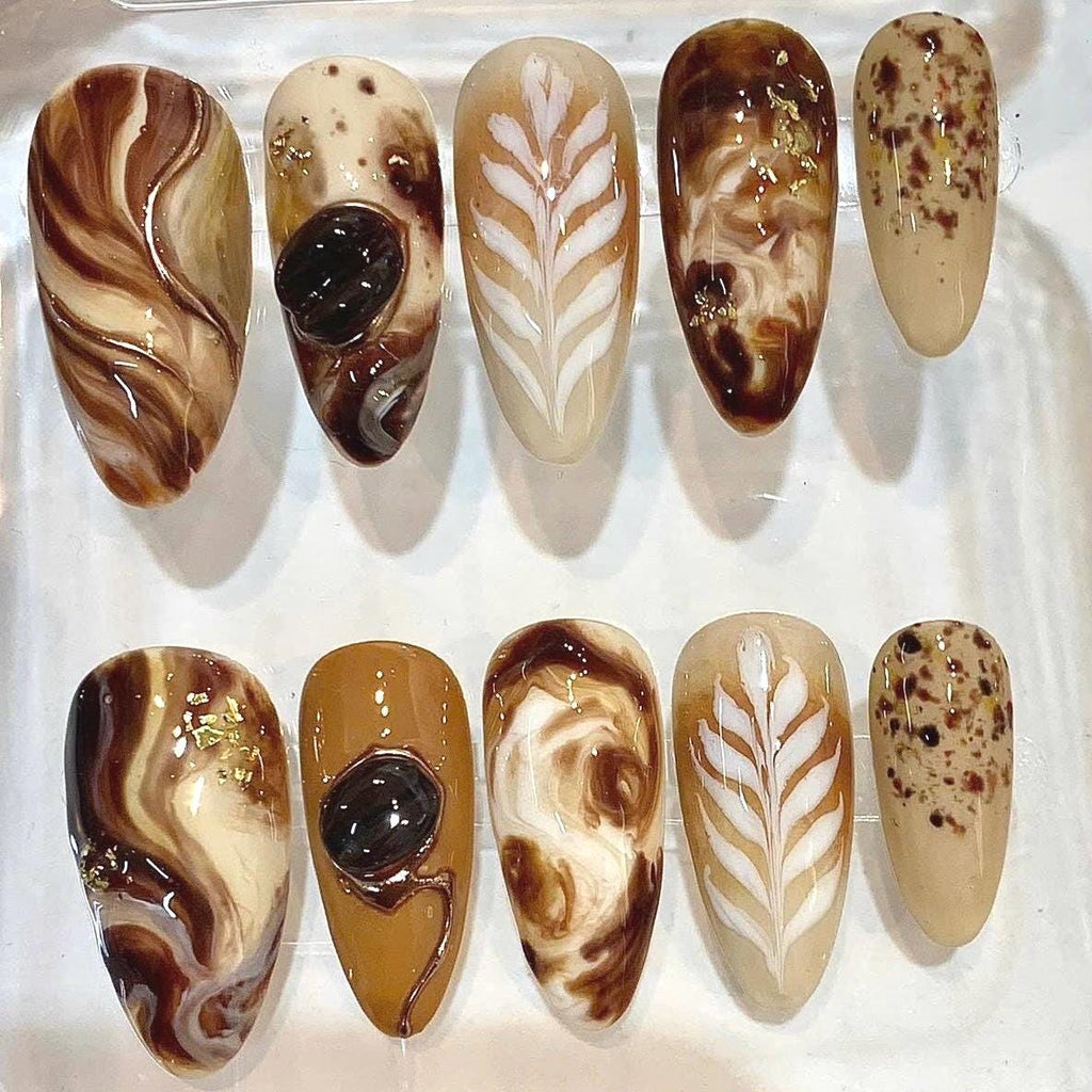 Mocha Brown Press-On Nails, Caramel Marble, Botanical Gold Foil (Reusable Set)
