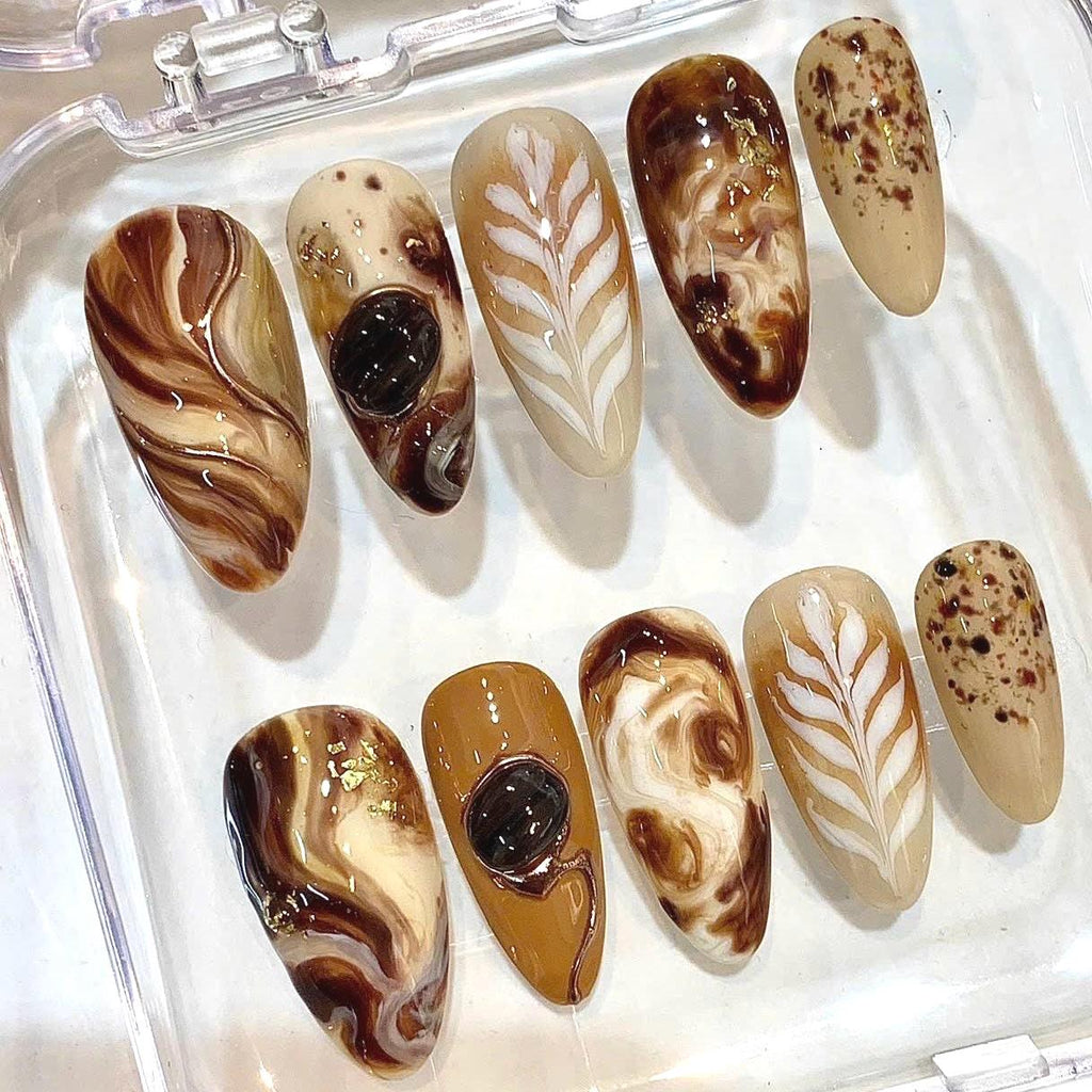 Mocha Brown Press-On Nails, Caramel Marble, Botanical Gold Foil (Reusable Set)