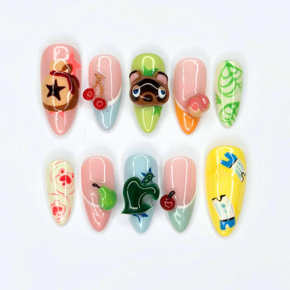 Cozy Game Press On Nails with Cute Animal Charms | Pastel Island Life Almond Nails | Kawaii Gamer Nail Art for Gaming Lover Gift | JB500UC