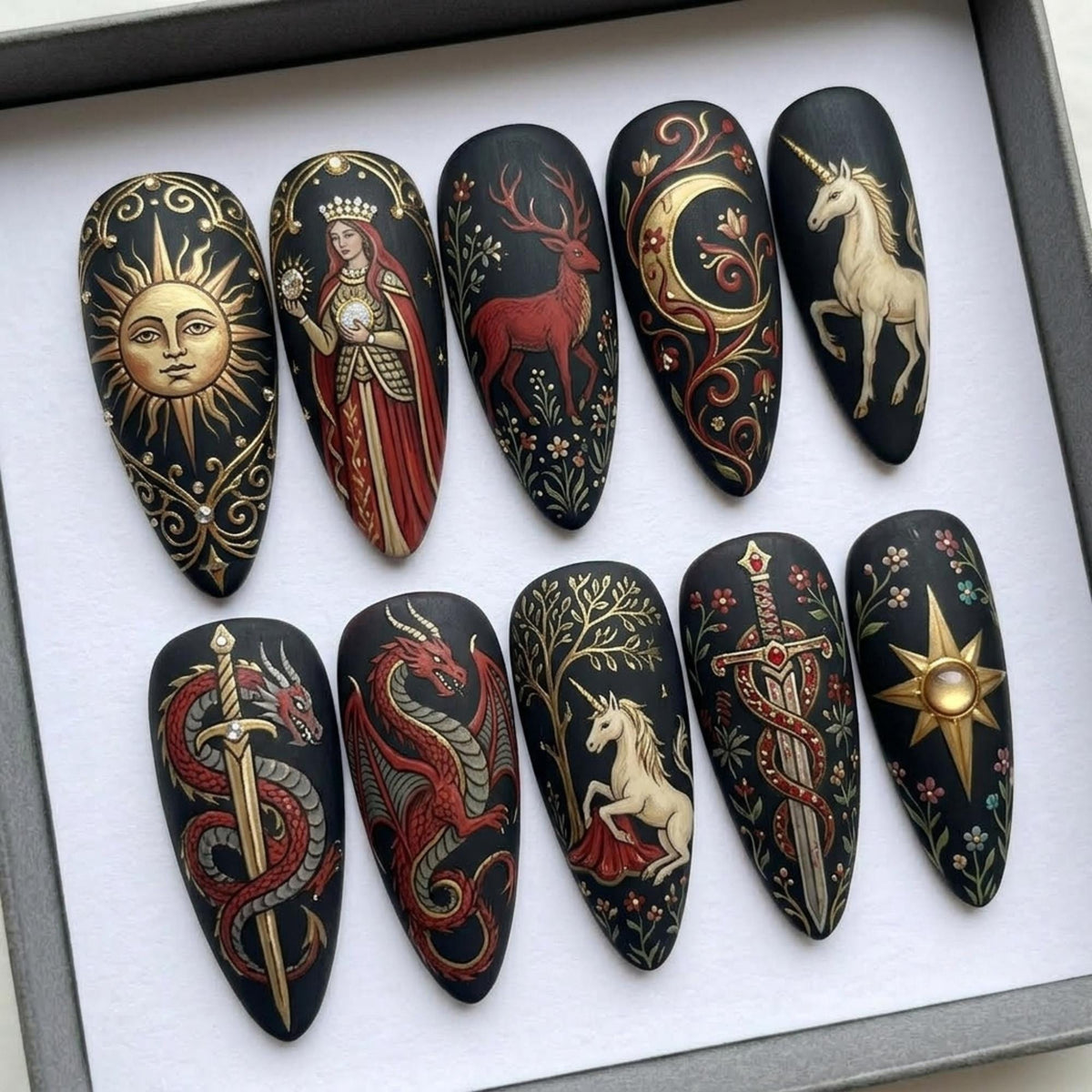Medieval Mythical Press On Nails | Dark Fantasy Royalty Vibe | Witchy Long Almond | Unicorn & Sword Nail | Gold Foil 3D Detail Nail