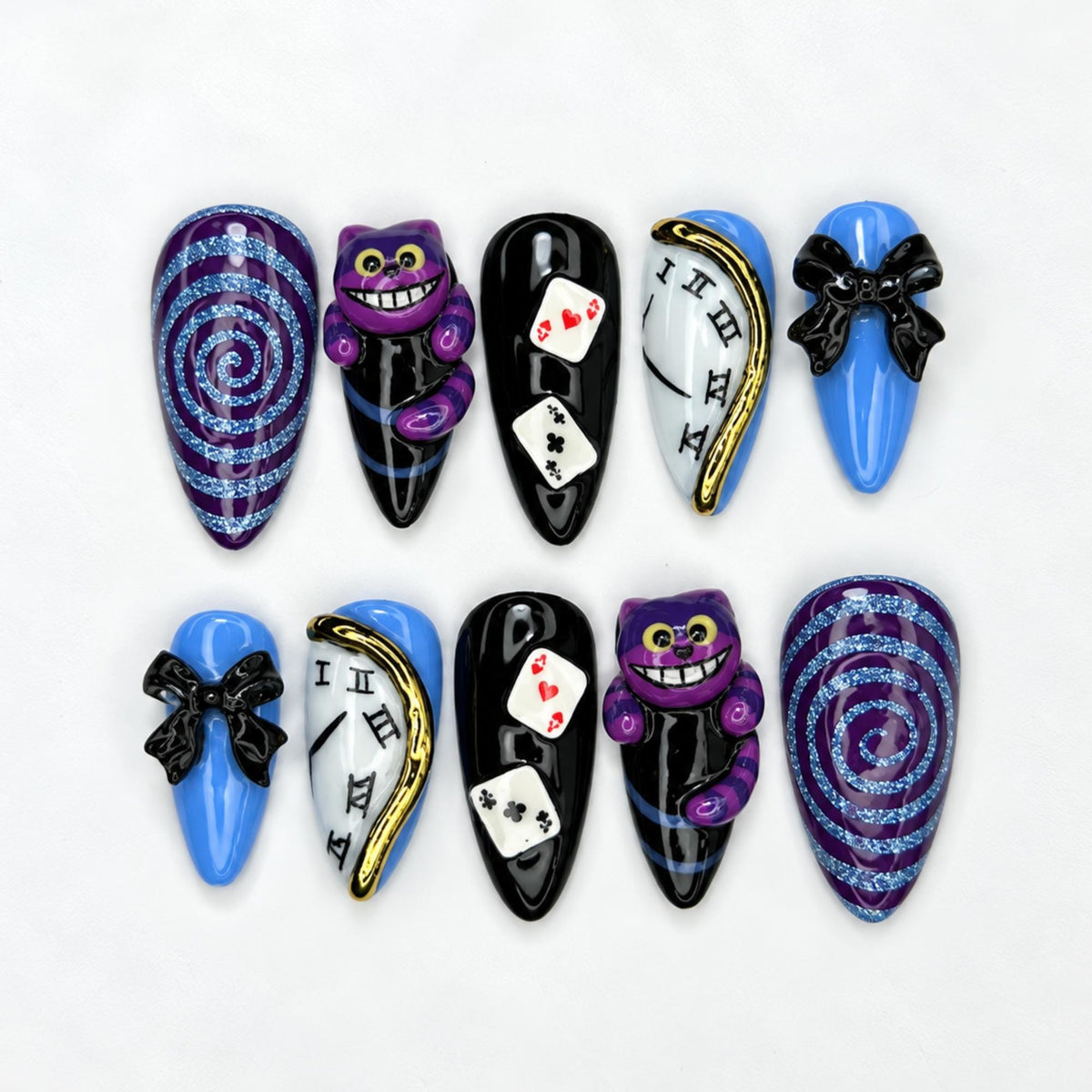 Wonderland Press On Nails with Purple Cat Art , Playing Card & Clock Nails , Whimsical Fantasy Nail Set| JB538WA