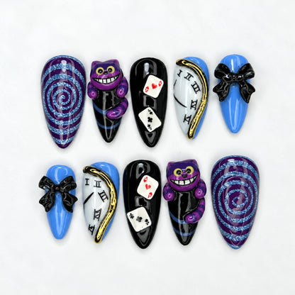 Wonderland Press On Nails with Purple Cat Art , Playing Card & Clock Nails , Whimsical Fantasy Nail Set| JB538WA