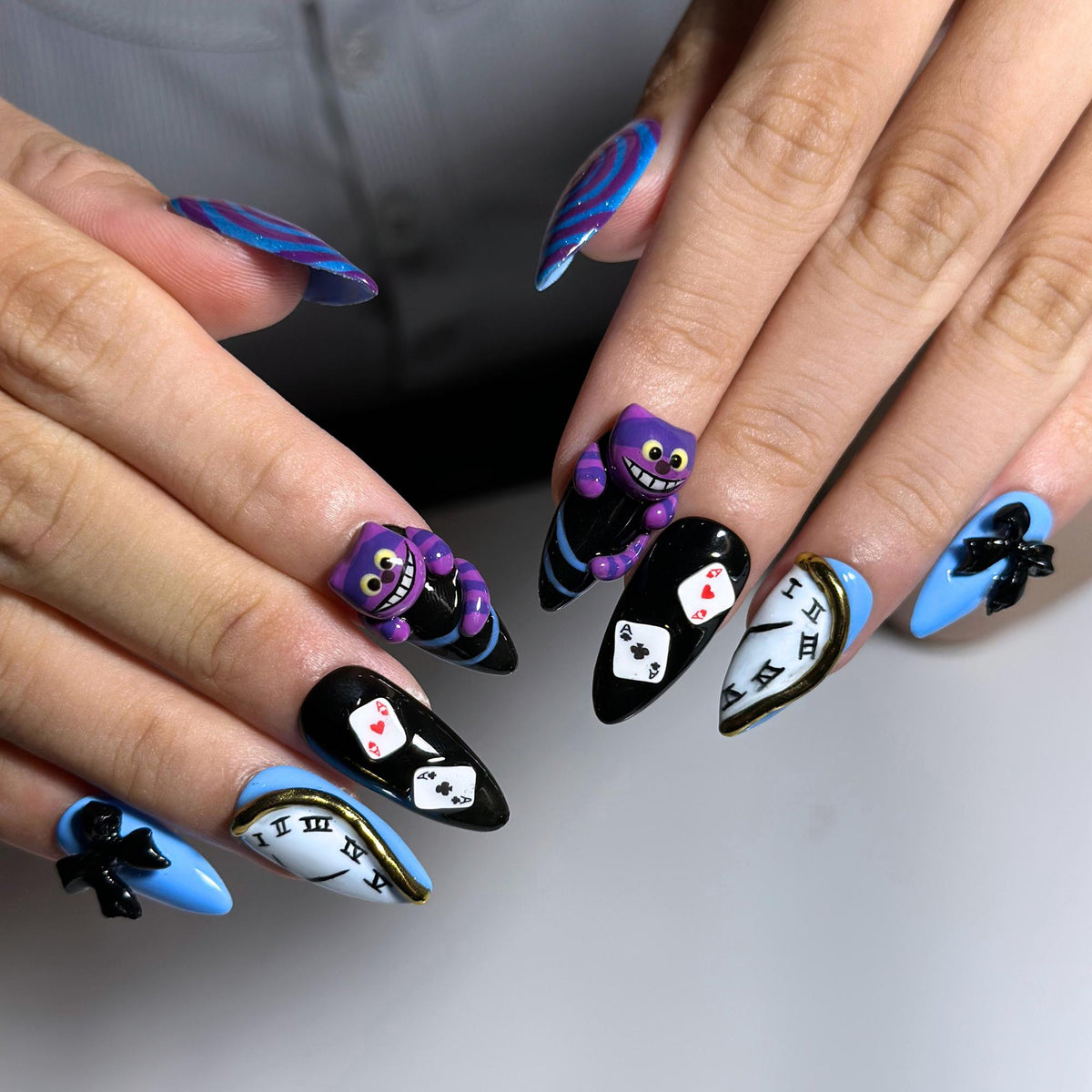 Wonderland Press On Nails with Purple Cat Art , Playing Card & Clock Nails , Whimsical Fantasy Nail Set| JB538WA