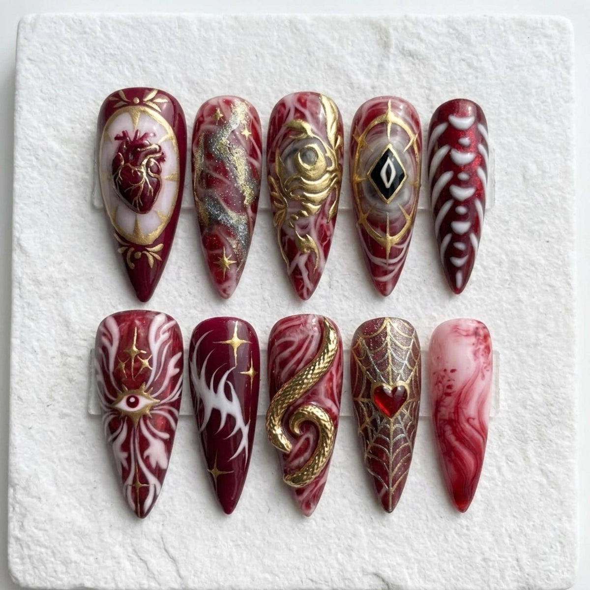 Handmade Gothic Marble Press On Nails | 3D Sacred Heart Serpent Eye Nail Art | Burgundy Gold Spooky Stiletto Nails