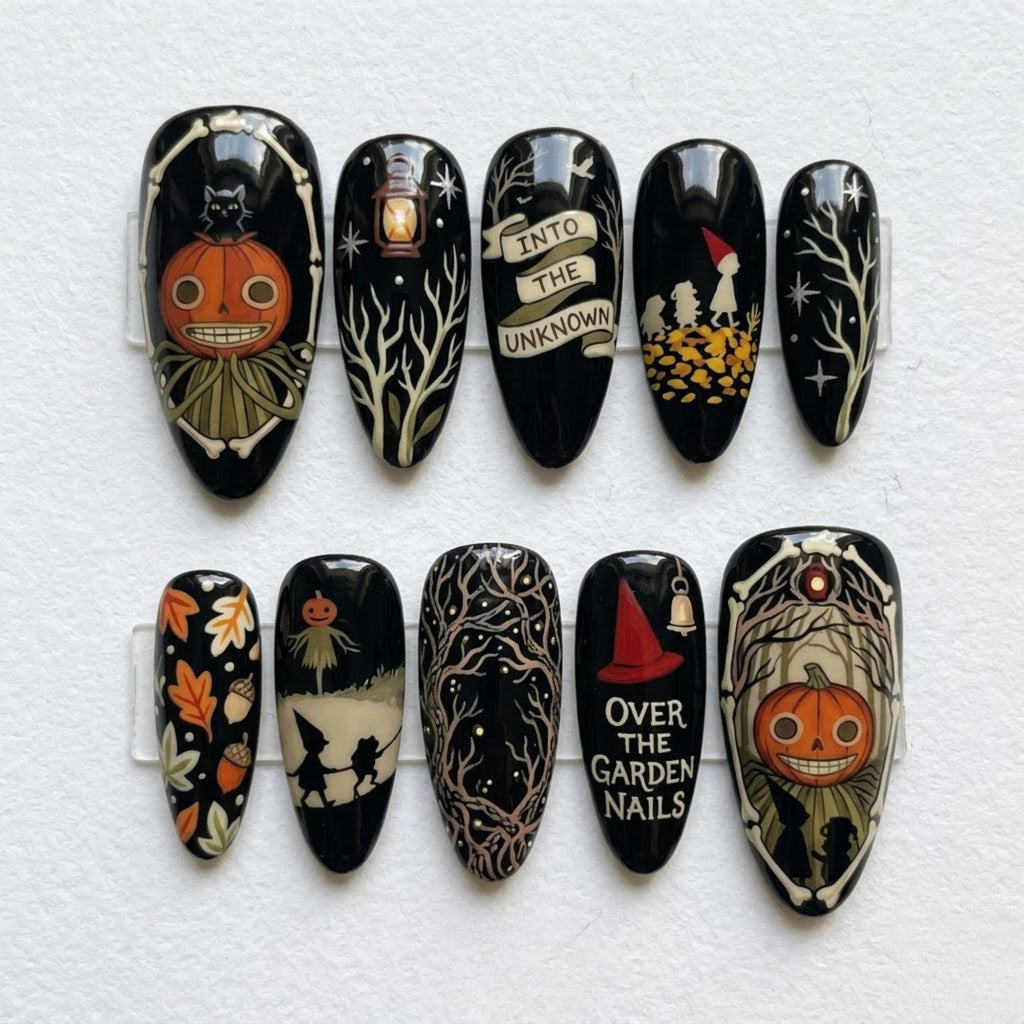 Handmade Over the Garden Wall Press On Nails | Pumpkin Forest & Lantern Nail Art | Vintage Autumn Mismatched Nails