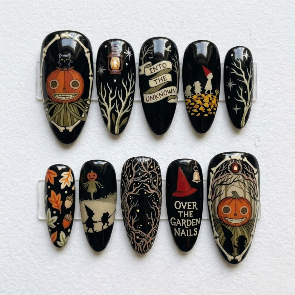 Handmade Over the Garden Wall Press On Nails | Pumpkin Forest & Lantern Nail Art | Vintage Autumn Mismatched Nails