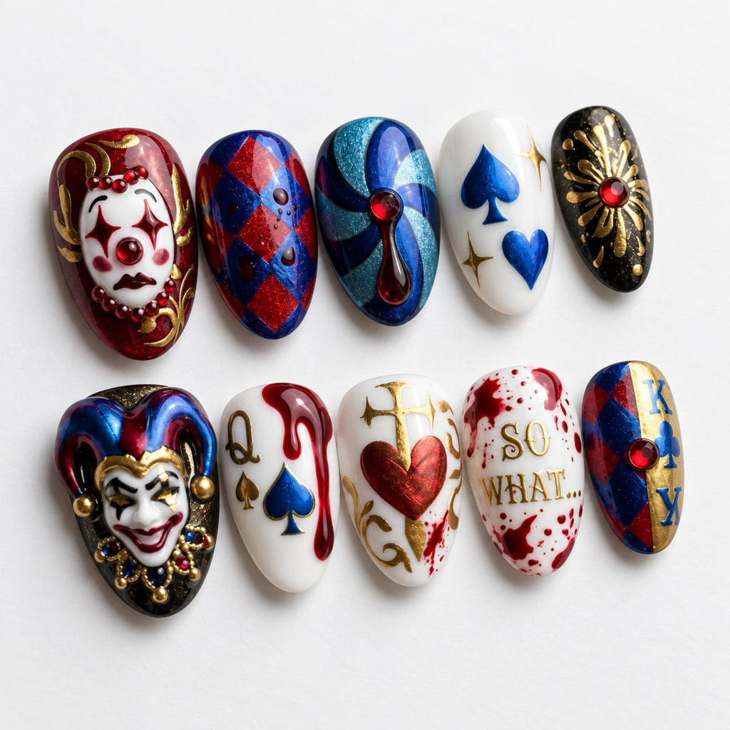 Handmade Creepy Circus Press On Nails | Jester Harlequin Card Nail Art | Gothic Bloody Mismatched Fake Nails